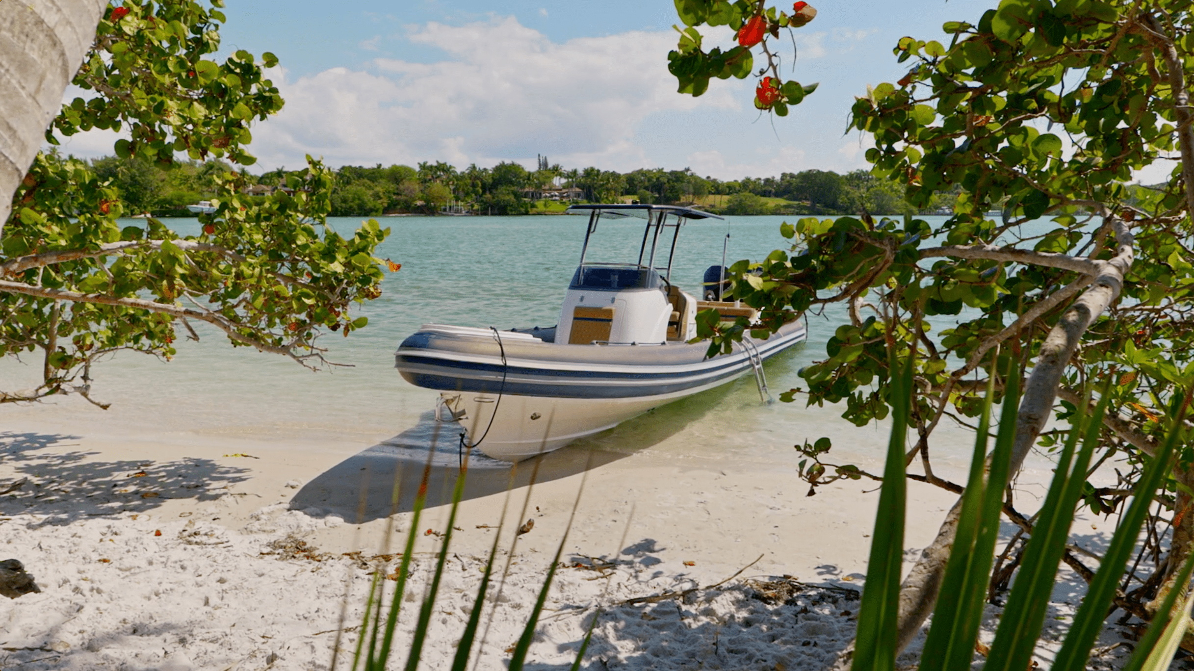 RIB boat moored up on tropical beach