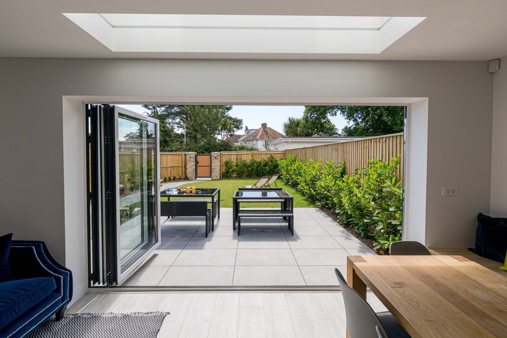 View from kitchen showing garden through folding doors