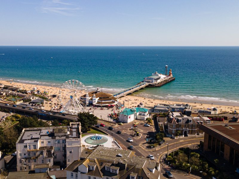 Aerial photo of Bournemouth beach and peir area showing the carousel