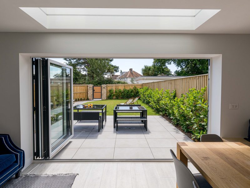 View from kitchen showing garden through folding doors
